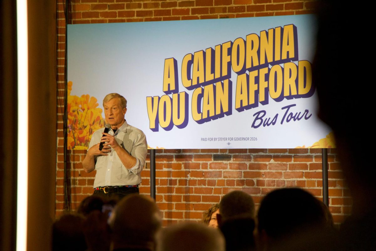 Tom Steyer answers questions during his campaign event on Thursday at Guildhouse.