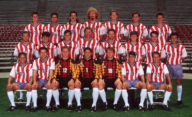 The 1994 U.S. Men’s National Soccer Team poses for a photo at the Rose Bowl in Pasadena, California.