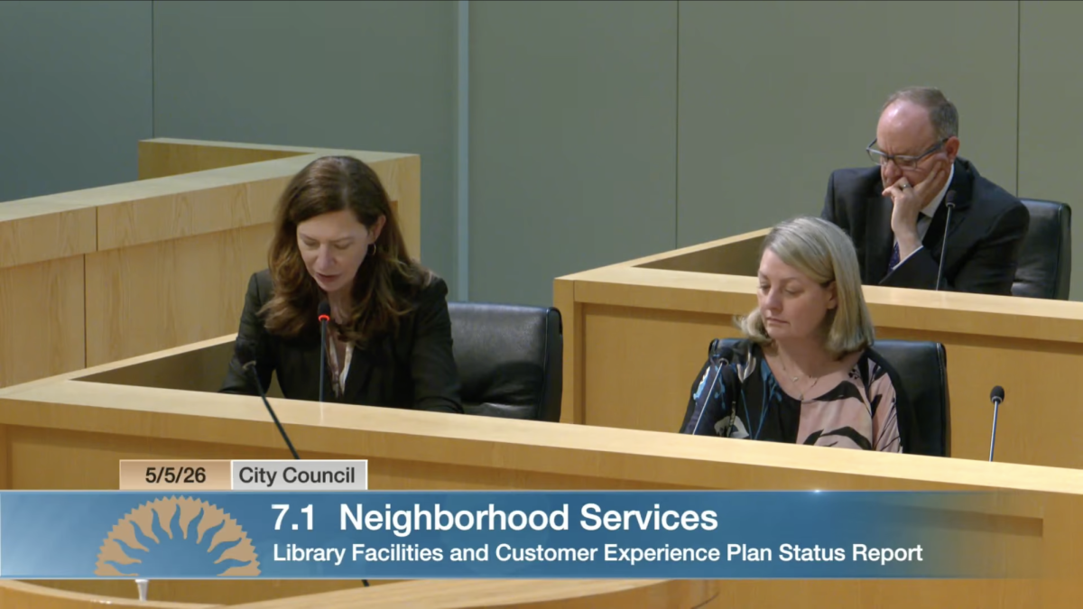 Jill Bourne (right), San José city librarian, introduces the presentation during the City Council meeting on Tuesday.