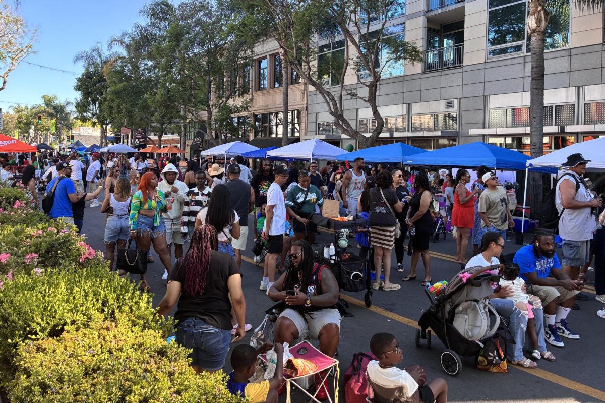 Attendees browse through nearby booths set up at the Juneteenth in the Streets Festival, while also finding a spot to sit down and relax after walking around in increasingly hot temperatures.