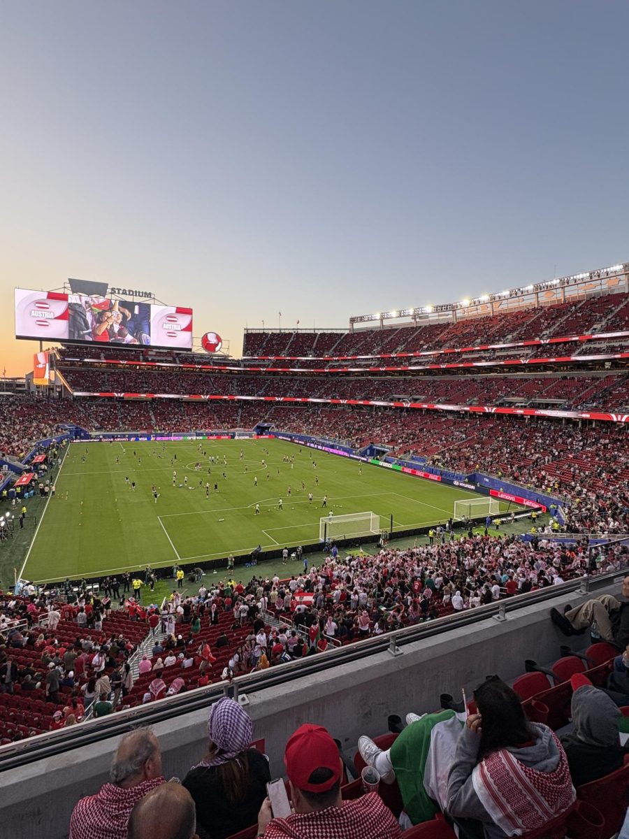 The Jordan national football team warms up at Levi's Stadium before its match.
