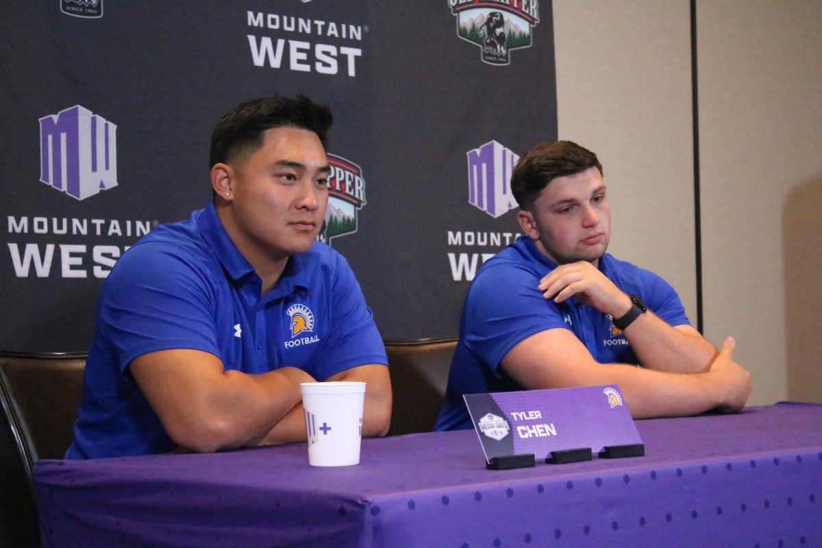 SJSU redshirt junior offensive lineman Tyler Chen (left) and redshirt senior offensive lineman Joseph Harbert (right) speak with members of the media during Mountain West Football Media Days on Wednesday at the Palms Casino Resort in Las Vegas.